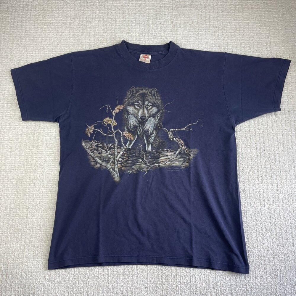 Vintage Stand Out Designs Shirt Men XL Blue Wolf Gardner Art 1996 Made In Canada